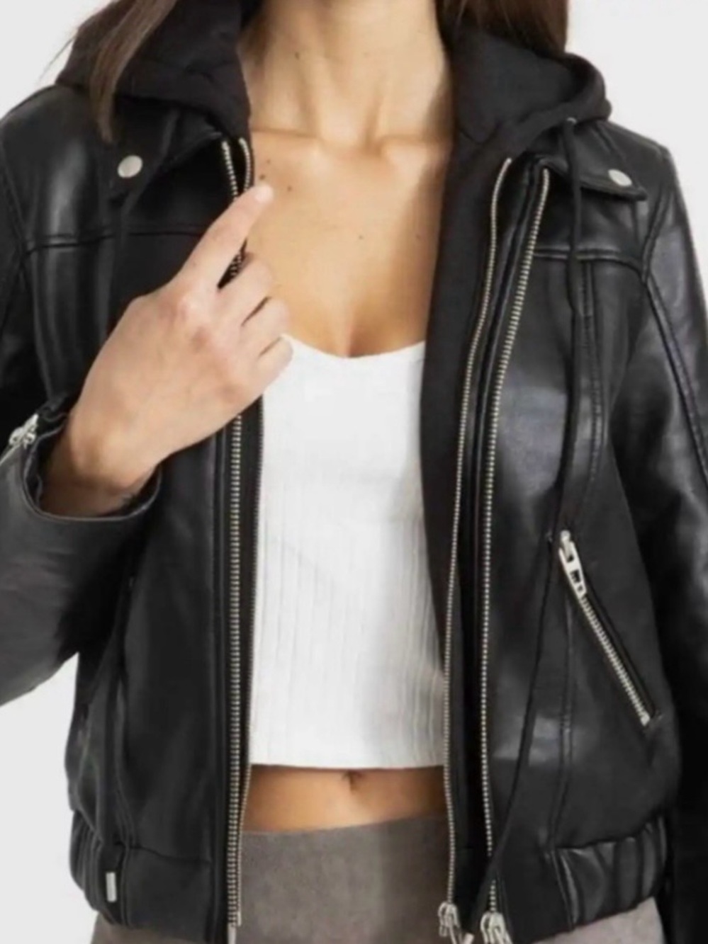 BLANKNYC Vegan Faux Leather Moto Bomber Removable Hood Biker Black Size Small